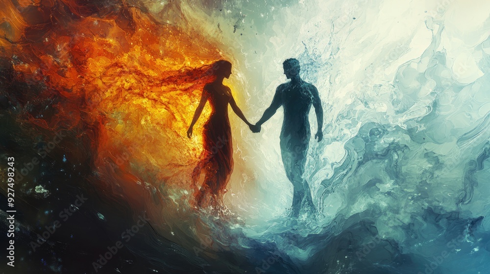 Fototapeta premium Abstract art depicting a fiery woman and a watery man holding hands, representing the yin-yang of impatience and calmness, captured in an ethereal and dynamic scene.