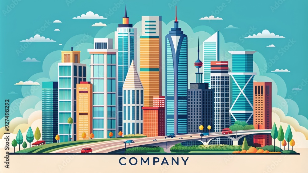 Obraz premium Colorful flat design illustration of a modern cityscape with sleek skyscrapers, roads, and bridges, incorporating a stylized company logo in the center.