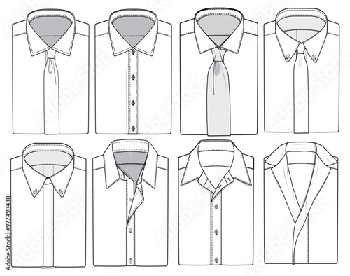 Folded formal shirt flat sketch illustration with front and back view, Round collar and cutaway collar shirt with tie French placket and  hidden placket shirt cad drawing template