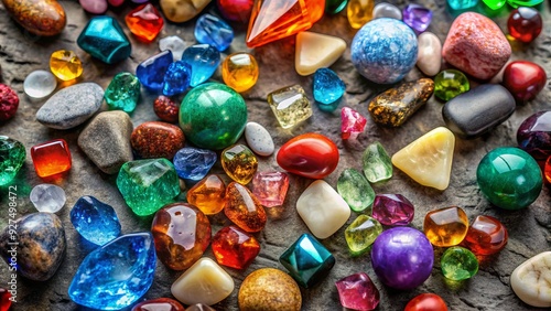 Colorful gemstones and pebbles scattered on a rough concrete background, with a few smooth stones and rocks adding textures and contrast to the composition.