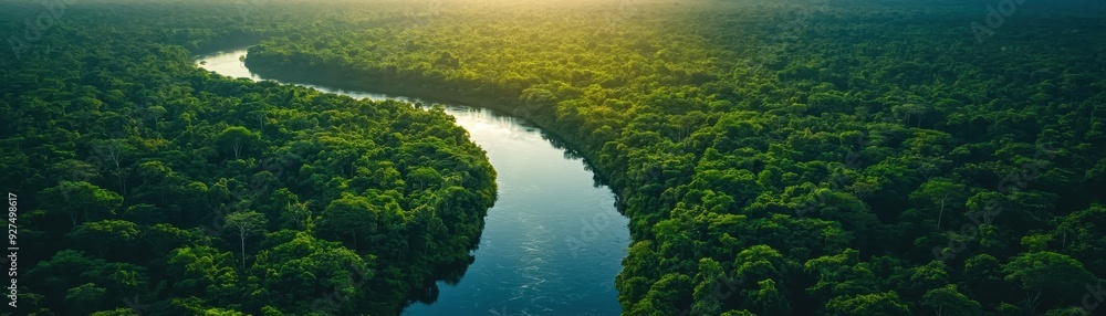 Aerial View of Serene River Meandering Through Lush Green Rainforest at Sunrise Aerial View of Serene River Meandering Through Lush Green Rainforest at Sunrise