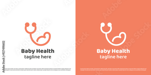 Baby health logo design illustration. Linear silhouette of stethoscope baby fetus obstetrician midwife child health birth medic help care support. Geometric abstract minimal simple icon symbol.