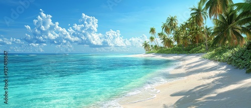 A serene tropical beach with crystal-clear water, soft white sand, and swaying palm trees under a bright blue sky.