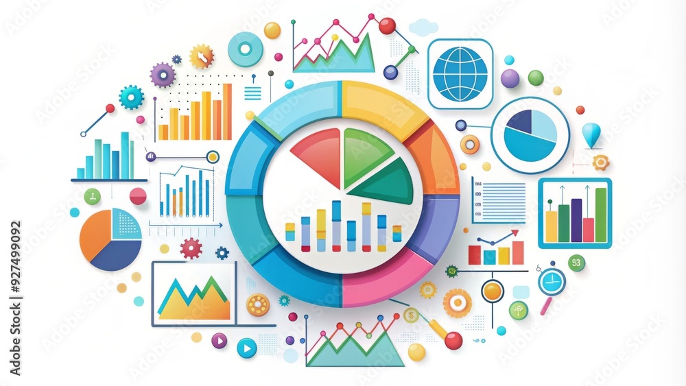 Colorful illustration of a circle with a combination of icons representing data visualization, including pie charts, graphs, and infographics, on a white background. Colorful illustration of a circle with a combination of icons representing data visualization, including pie charts, graphs, and infographics, on a white background.
