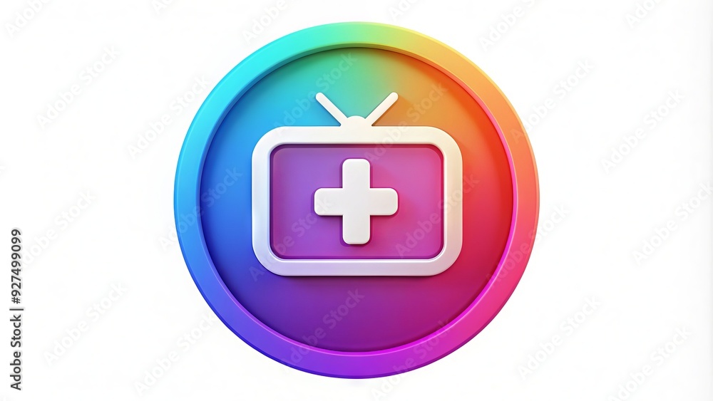 Colorful illustration of a circular icon with a stylized TV screen symbol and a plus sign, representing a popular social media video sharing feature. Colorful illustration of a circular icon with a stylized TV screen symbol and a plus sign, representing a popular social media video sharing feature.