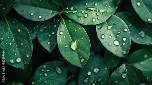 Close-up of Fresh Green Leaves with Water Droplets After Rainfall in a Lush Garden