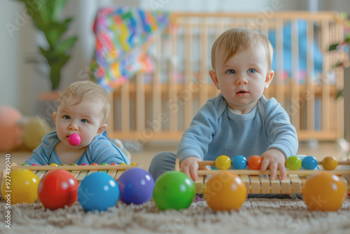 two toddlers playing with balls and a xylophone sitting on the floor at the kindergarten.