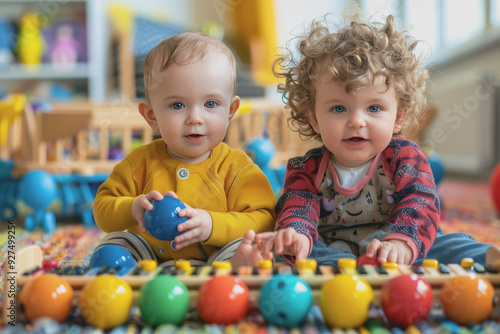 two toddlers playing with balls and a xylophone sitting on the floor at the kindergarten.
