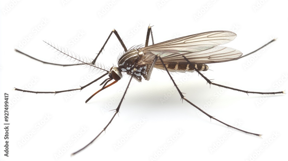 An isolated view of a single Aedes mosquito on a white background, with its wings spread and legs poised, emphasizing its sleek, delicate body structure. An isolated view of a single Aedes mosquito on a white background, with its wings spread and legs poised, emphasizing its sleek, delicate body structure.