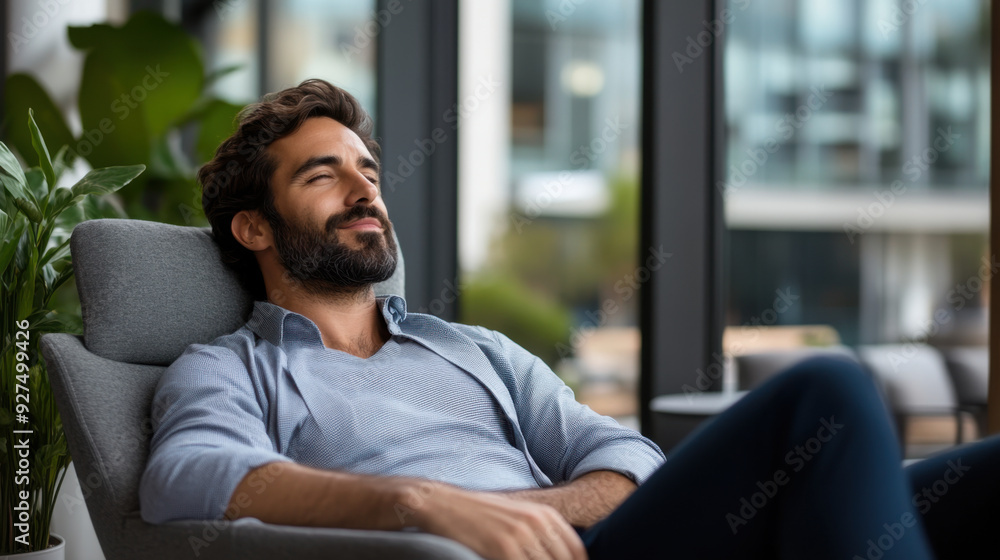 A man with a beard relaxes in a modern office, leaning back in a chair with a contented expression, enjoying a break. A man with a beard relaxes in a modern office, leaning back in a chair with a contented expression, enjoying a break.