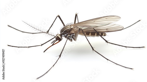 An isolated view of a single Aedes mosquito on a white background, with its wings spread and legs poised, emphasizing its sleek, delicate body structure.