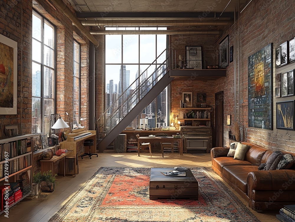 Artistic depiction of an antiqueinspired loft in a highrise, with exposed brick walls and skyline panoramas Antique Apartment Skyline, Loft living Artistic depiction of an antiqueinspired loft in a highrise, with exposed brick walls and skyline panoramas Antique Apartment Skyline, Loft living