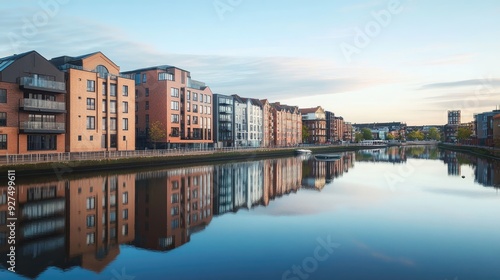 An urban scene with various buildings lining a riverside, their reflections mirrored perfectly in the water. Above, a beautiful, clear sky adds a sense of openness and tranquility.