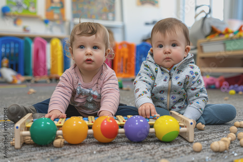 two toddlers playing with balls and a xylophone sitting on the floor at the kindergarten.