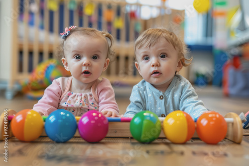 two toddlers playing with balls and a xylophone sitting on the floor at the kindergarten.