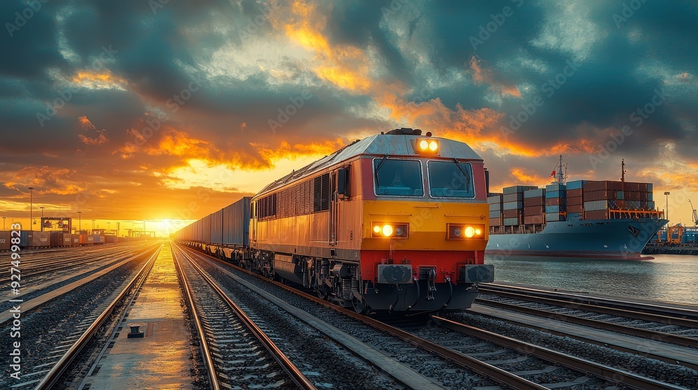 A vibrant sunset casts an orange glow over a train moving along its tracks near a bustling port, creating a scenic industrial landscape. A vibrant sunset casts an orange glow over a train moving along its tracks near a bustling port, creating a scenic industrial landscape.