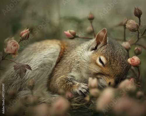 AI generator image of a little squirrel playing in a log, nest in a tree, near a waterfall photo