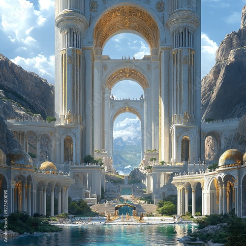 Artistic rendering of a tall tower with ancientstyle columns and grand archways, creating a majestic living environment Ancient Living Tall, Majestic archways photo