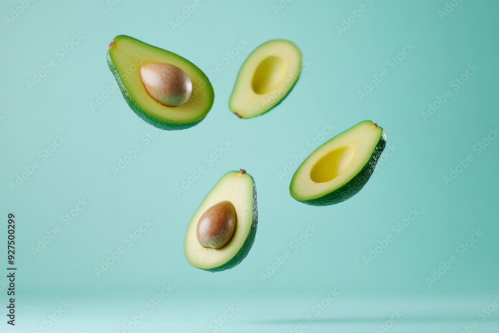 Avocado with cut half sliced flying in the air isolated on blue background. Falling avocado fruit Avocado with cut half sliced flying in the air isolated on blue background. Falling avocado fruit