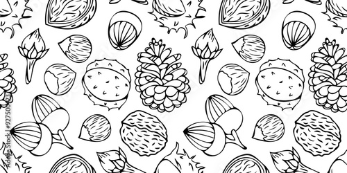 Vector seamless pattern with outlines of chestnuts, pine cones, acorns and foliage in doodle style. Line art autumn background. Thanksgiving design. Concept of forest, leaf fall, nature.