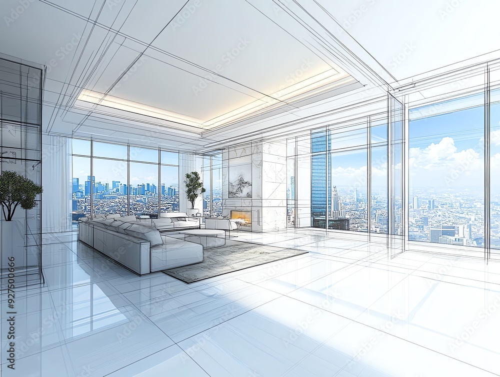 Conceptual blueprint of a luxury penthouse with expansive views of multiple urban landmarks, creating a prestigious domestic environment Landmark Domestic Urban, Penthouse prestige