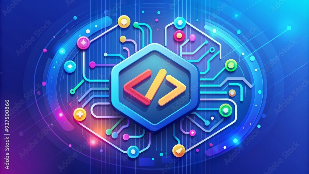 Colorful modern coding concept illustration featuring a stylized ...