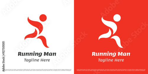 Running man logo design illustration. Silhouette of person running sport health athlete fit body condition champion fast exercise. Unique fresh minimal abstract simple creative active icon symbol.