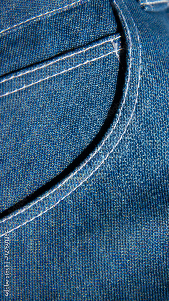 Close-up of blue denim fabric with visible stitching, capturing the texture and detail of the material.