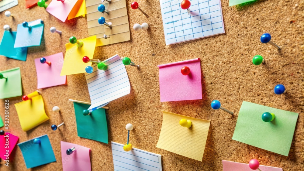 Colorful pushpins hold up a tangled mess of important notes, reminders, and to-do lists on a worn corkboard, surrounded by a cluttered workspace. Colorful pushpins hold up a tangled mess of important notes, reminders, and to-do lists on a worn corkboard, surrounded by a cluttered workspace.