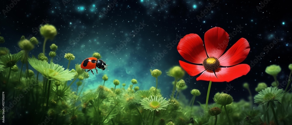 AI generator image of macro image of a ladybug sitting on a leaf, clover leaf AI generator image of macro image of a ladybug sitting on a leaf, clover leaf