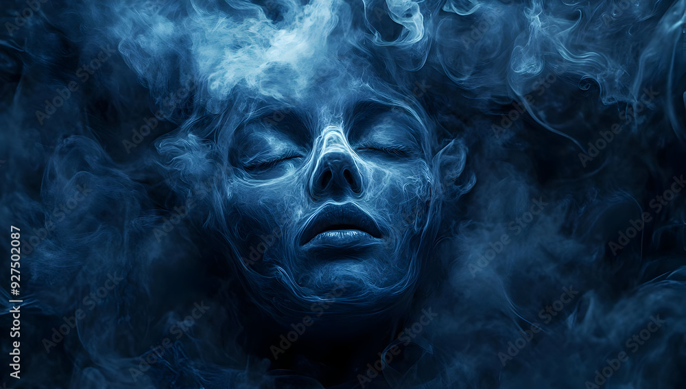 A mystical portrait of a serene face enveloped in swirling blue smoke, evoking calmness and surreal beauty. A mystical portrait of a serene face enveloped in swirling blue smoke, evoking calmness and surreal beauty.