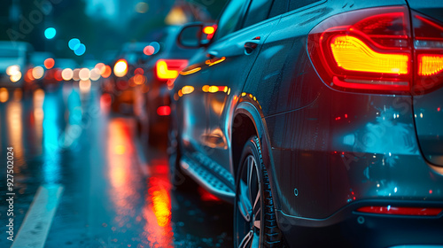 City traffic on a rainy evening with cars lined up and red taillights glowing amid the urban hustle of commuting and work travel