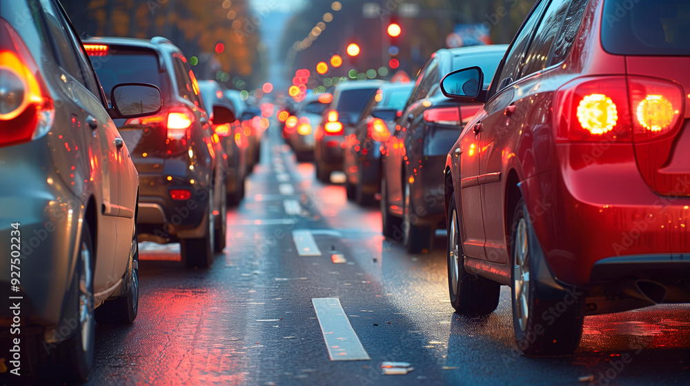 A crowded city street during rush hour with cars lined up in traffic and lights illuminating the urban landscape A crowded city street during rush hour with cars lined up in traffic and lights illuminating the urban landscape
