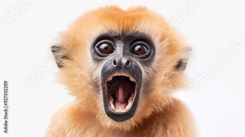 Close-up portrait of a funny little monkey screaming, isolated on a white background 