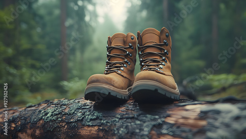 A pair of rugged hiking boots resting on a fallen log in a serene forest setting, perfect for outdoor adventure themes. photo