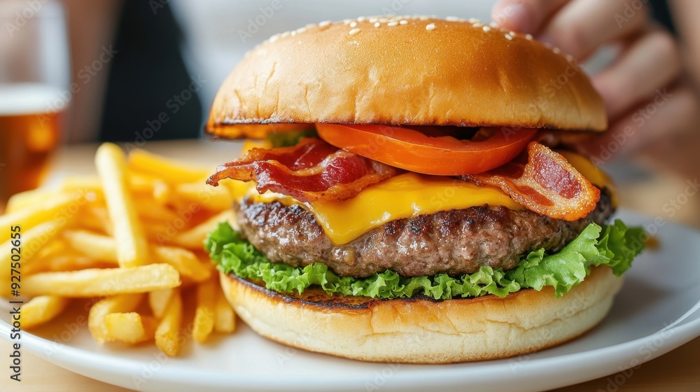 A gourmet burger made with a thick, juicy beef patty, topped with melted cheese, crispy bacon, and fresh vegetables, served with golden fries A gourmet burger made with a thick, juicy beef patty, topped with melted cheese, crispy bacon, and fresh vegetables, served with golden fries