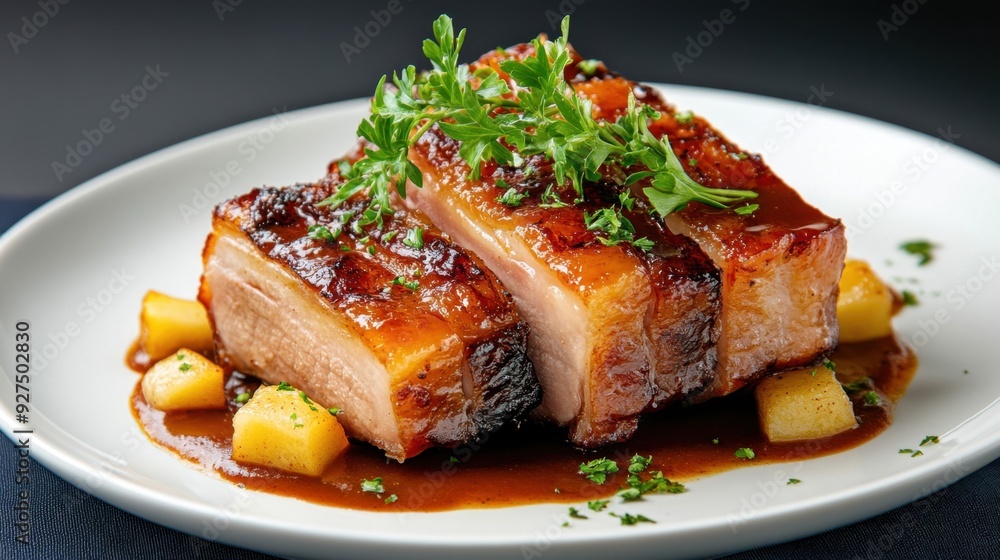 A juicy pork belly, slow-roasted to perfection, with a crispy skin and tender meat, served with apple sauce A juicy pork belly, slow-roasted to perfection, with a crispy skin and tender meat, served with apple sauce