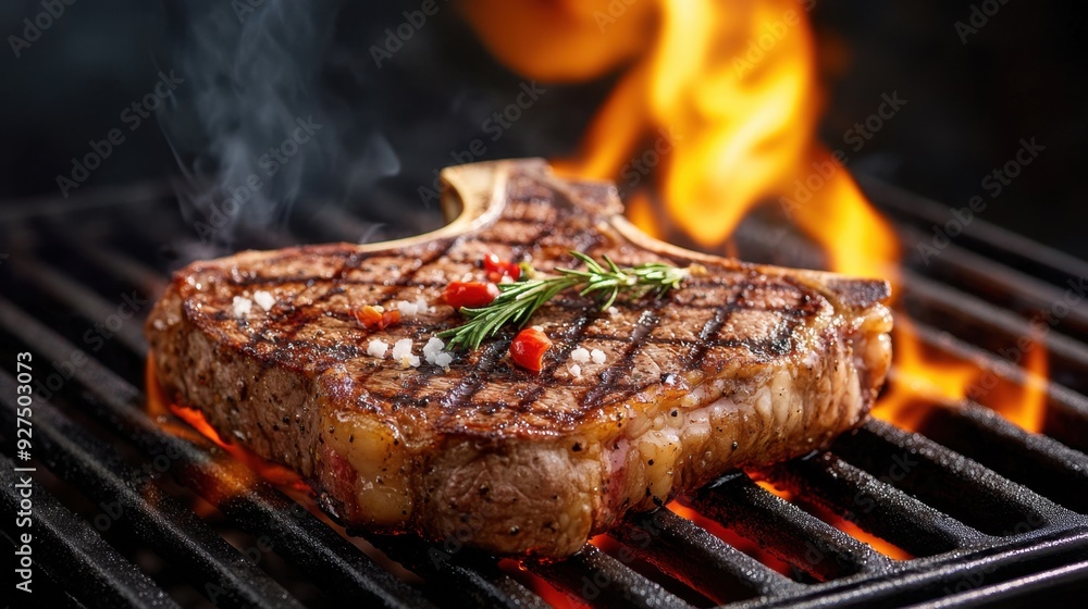 A juicy T-bone steak on a grill, with flames licking the sides and smoke rising, creating a mouth-watering aroma A juicy T-bone steak on a grill, with flames licking the sides and smoke rising, creating a mouth-watering aroma