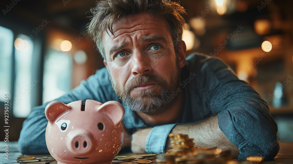 Obraz premium A broken piggy bank is placed on a table with a distressed man in the blurred background