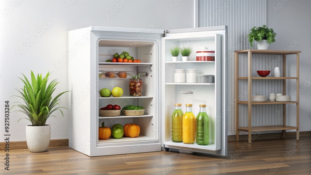 Compact white mini refrigerator with door ajar, revealing shelves stocked with beverages, fruits, and snacks, perfect for small kitchen or office space. Compact white mini refrigerator with door ajar, revealing shelves stocked with beverages, fruits, and snacks, perfect for small kitchen or office space.
