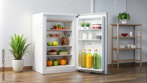 Compact white mini refrigerator with door ajar, revealing shelves stocked with beverages, fruits, and snacks, perfect for small kitchen or office space. photo