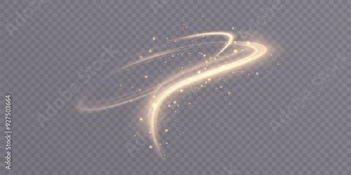 Curved golden lines light effect. Light bright Twirl. High-speed light energy effect for game characters action on transparent PNG background.
