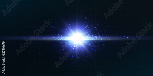 Light effect of blue glowing light. Solar flare. Glow effect. Starbursts with twinkling highlights. Beautiful light effect of flickering highlights. Vector 10 EPS	
