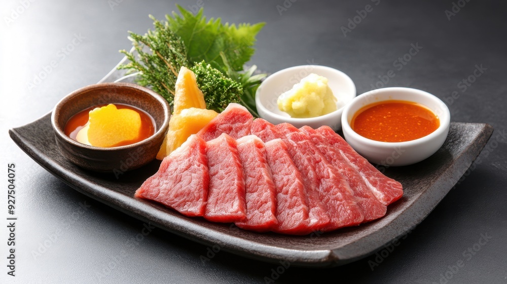 A plate of Japanese Kobe beef, finely marbled, thinly sliced, and lightly seared, served with dipping sauces A plate of Japanese Kobe beef, finely marbled, thinly sliced, and lightly seared, served with dipping sauces