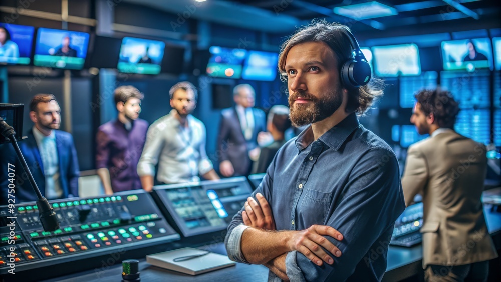 Confident filmmaker in a control room, intensely watching a TV screen displaying a live broadcast, while technicians and crew members work in the background. Confident filmmaker in a control room, intensely watching a TV screen displaying a live broadcast, while technicians and crew members work in the background.