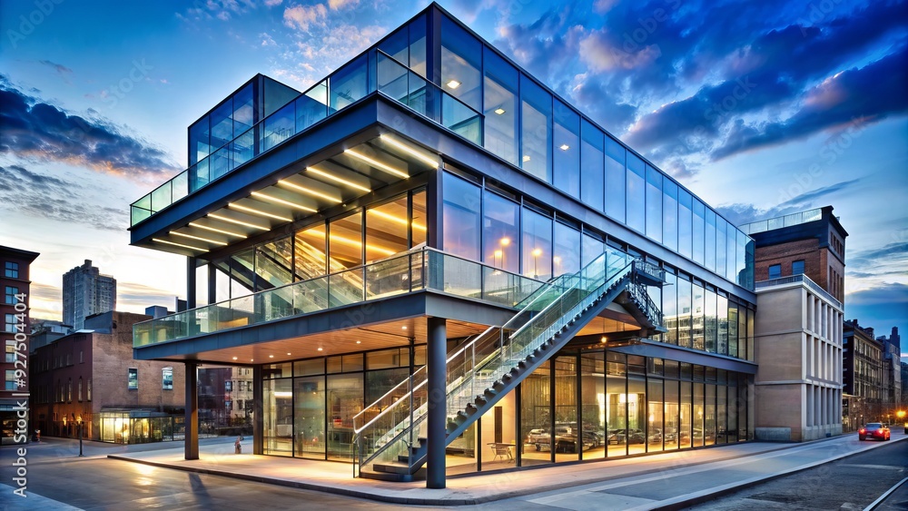 Contemporary art museum with a striking cantilevered staircase and vast glass atrium, set amidst a bustling urban landscape in Manhattan's Meatpacking District. Contemporary art museum with a striking cantilevered staircase and vast glass atrium, set amidst a bustling urban landscape in Manhattan's Meatpacking District.