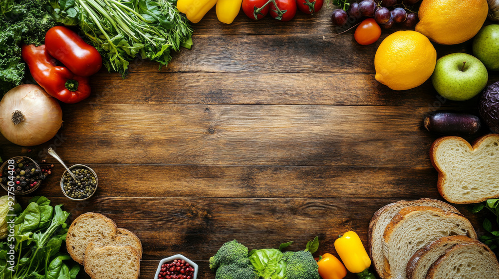 Top view of a rustic wooden table filled with an assortment of fresh vegetables, fruits, and bread, ideal for a healthy lifestyle. Top view of a rustic wooden table filled with an assortment of fresh vegetables, fruits, and bread, ideal for a healthy lifestyle.