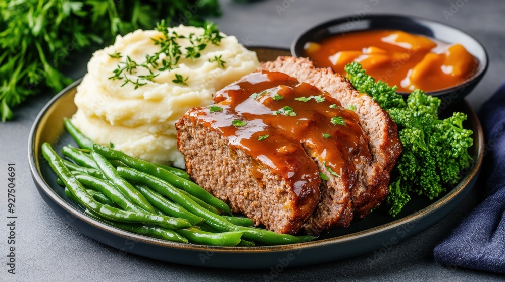 A plate of juicy meatloaf, served with mashed potatoes and green beans, topped with a rich gravy A plate of juicy meatloaf, served with mashed potatoes and green beans, topped with a rich gravy