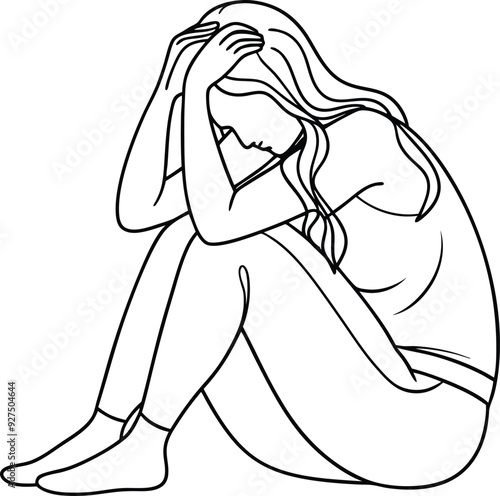 single line drawing of a woman in a sad mood sitting, line art vector illustration design