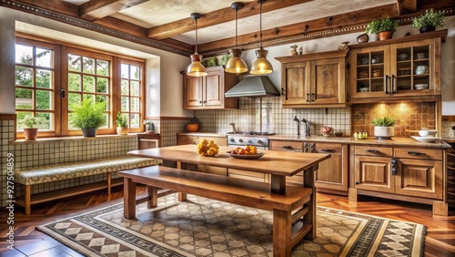 Cozy and inviting, a traditional German-style kitchen features wooden cabinets, rustic tile backsplash, and a large wooden dining table with benches.